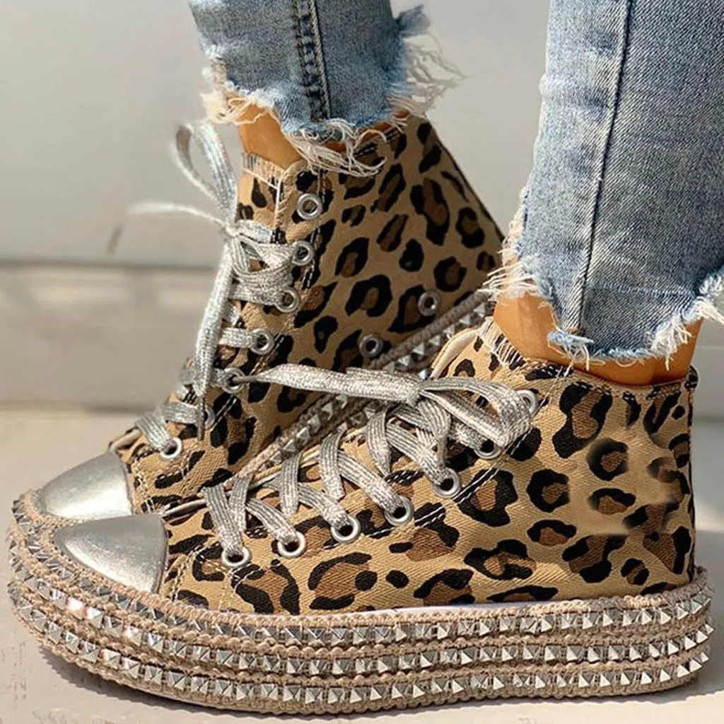 

DAHOOD Personality Women Sneaker 2019 Woman Lace Up High Top Shoes Female Casual Leopard Hemp Rope Thick Bottom Canvas Shoes