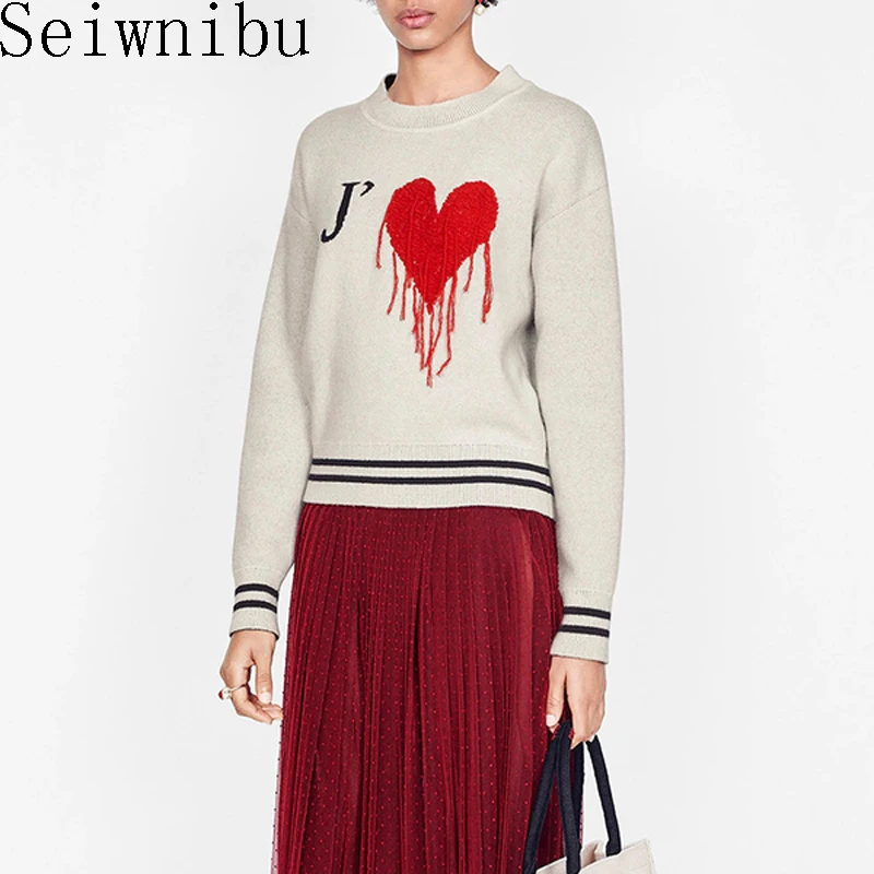 

New Arrival 2019 Hit Color Red Heart Tassels Love Long Sleeve Knitting Sweater Pullover Hit Single Women's
