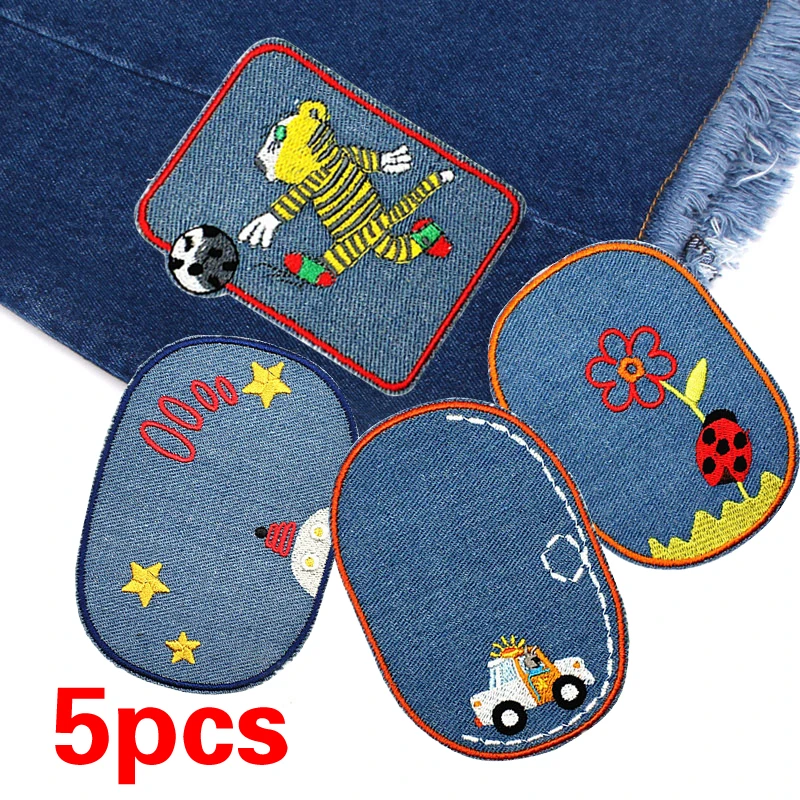 5Pcs Cartoon Jeans Patch Iron On Denim Patches Embroidered Sewing Repair Elbow Knee Patches For Children Kids Jeans Clothes