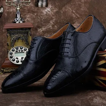 

ourui Real ostrich skin men's business formal leather shoes leather lace-up single shoes man black