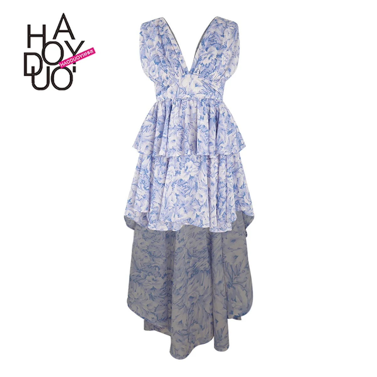 

Fashion Simple Europe And America Commuting Hipster Floral Printed Non-symmetrical Front Short Long Back Dress Hot Selling