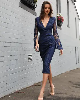

Top Quality Blue Wine Long Lace Sleeve Bodycon Rayon Bandage Dress Party Cute Dress