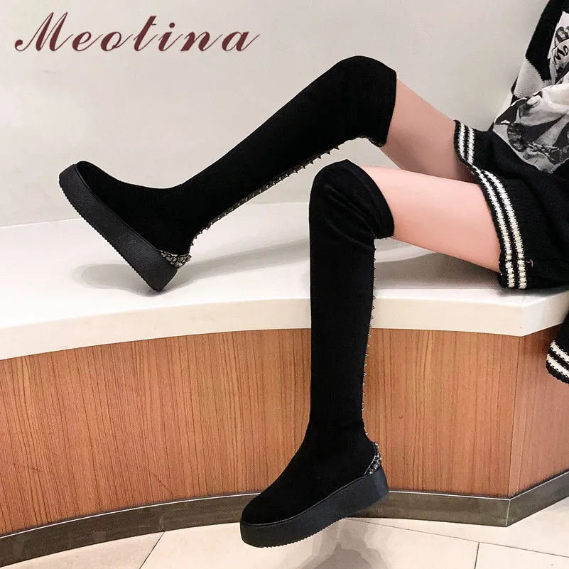Женские сапоги выше колена Meotina зимние замшевые на плоской платформе с