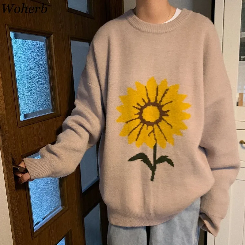 Woherb Pull Femme, цветочный узор, о-образный вырез, длинный рукав, пуловеры, джемперы, повседневные, свободные, Ретро стиль, свитер для женщин, корейская мода 91435