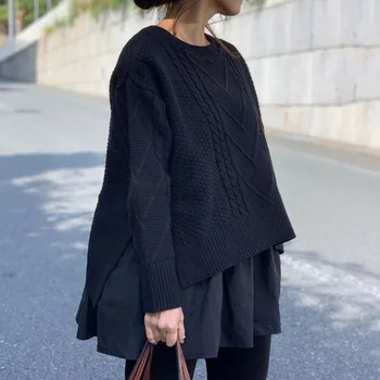 

Japanese Fashion Two Pieces Women Sweater Lining Tops Ruffle Casual Pullovers Blouse 2 Piece Outfits Knitted Top Winter Autumn
