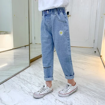 

Girls Jeans Spring And Summer Children Daisy Embroidery Printed Blue Denim Trousers Kids Breathable Mid-waist Jeans Pants