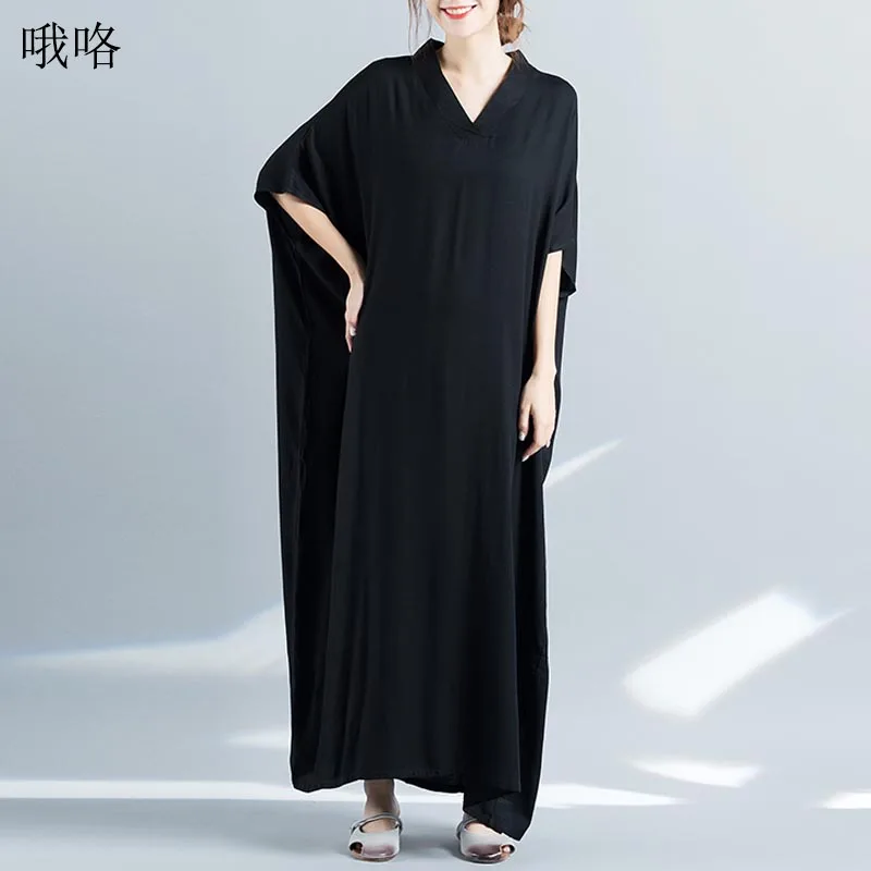 

Summer Plus Size Batwing Sleeve Women Cotton Long Dresses Casual Vintage Dress Lady Loose Retro Robe 4XL 5XL 6XL 7XL 8XL 2019