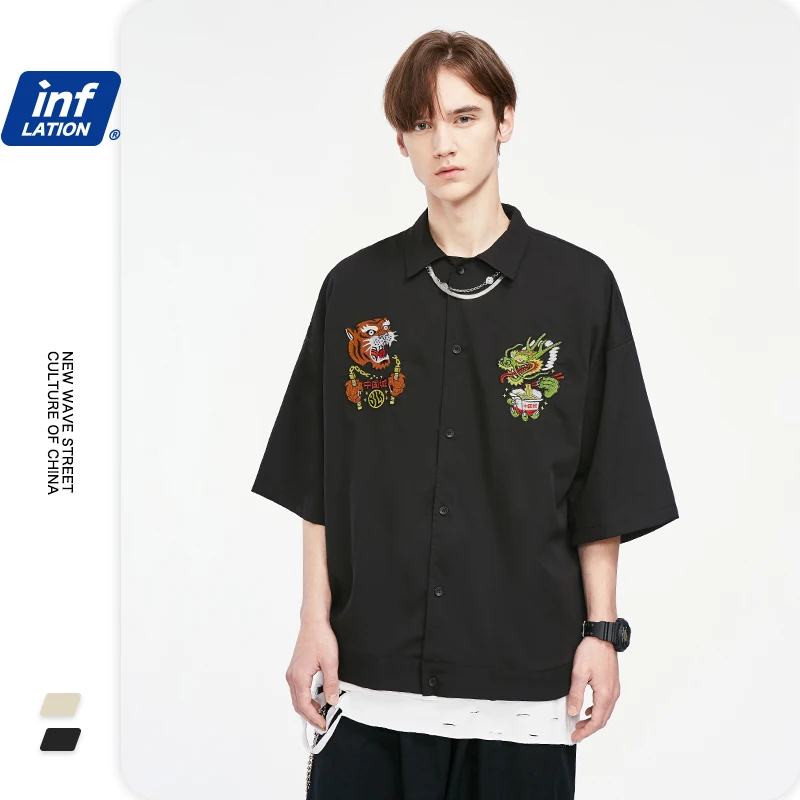 INFLATION Men Shirts With Dragon Tiger Embroidery Oversize Men Shirt Short Sleeve Plus Size Streetwear Hip Hop Men Shirt 2071S20 INFLATION Men Shirts With Dragon Tiger Embroidery Oversize Men Shirt Short Sleeve Plus Size Streetwear Hip Hop Men Shirt 2071S20