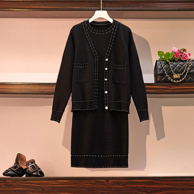

Fat Mm Autumn Dress V-neck Knitted Cardigan Jacket + Xiaoxiangfeng Dress Net Red Two-piece Suit