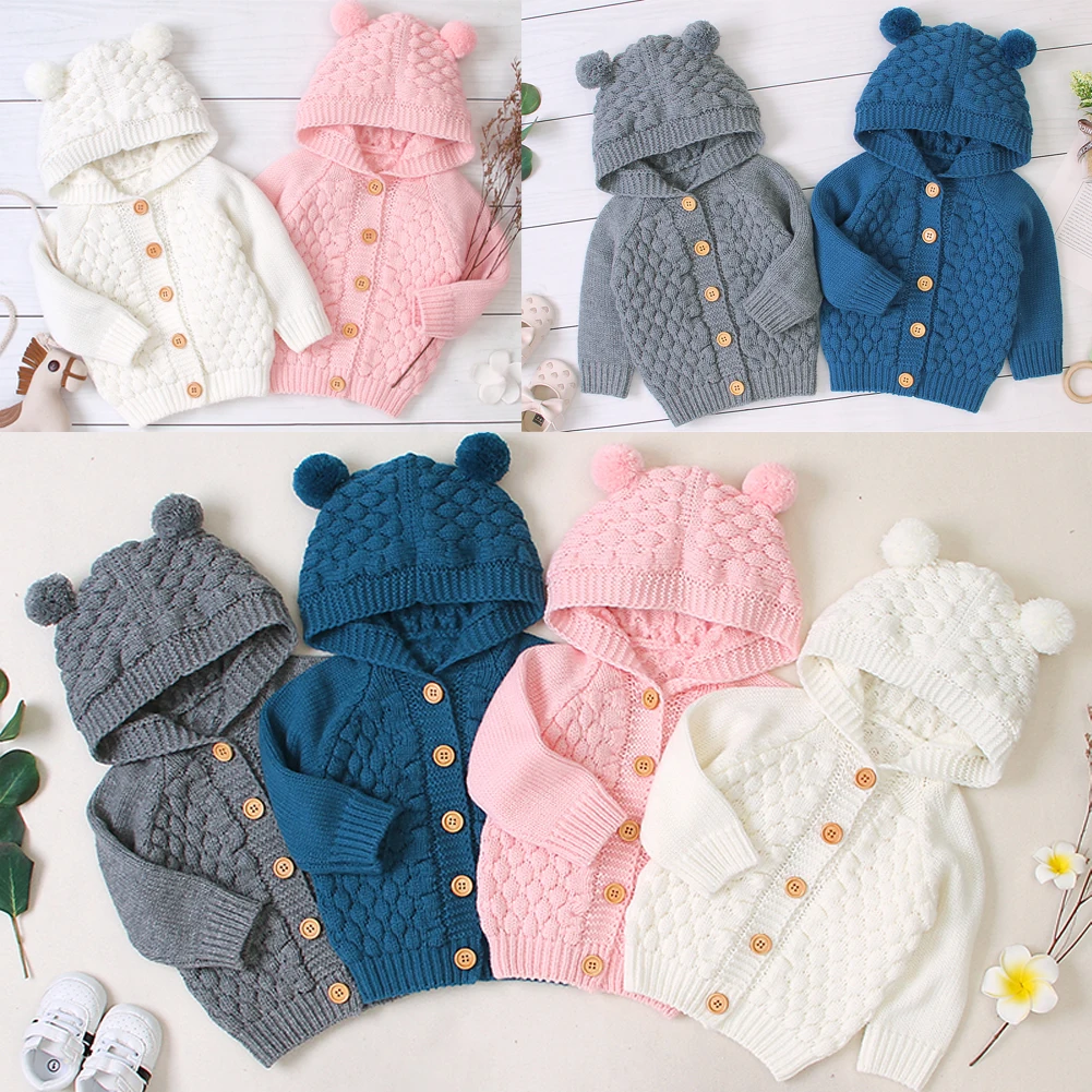 Трикотажное пальто для маленьких мальчиков и девочек, куртка, верхняя одежда с капюшоном и ушками, Зимняя Блузка, свитер, вязаные пуловеры, кардиган, теплая одежда