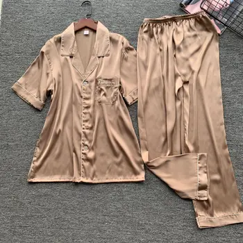 

Gold Pijamas Suit For Men Summer New Satin Sleep Set Softy Lounge Nightwear Home Clothes 2 PCS Sleepwear Short Sleeve Top&&pants