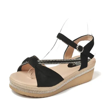 

2020 Summer New Muffin Platform Rhinestone Sandals Female Open Toe Bow Wedge Platform Snap Sequins Shoes
