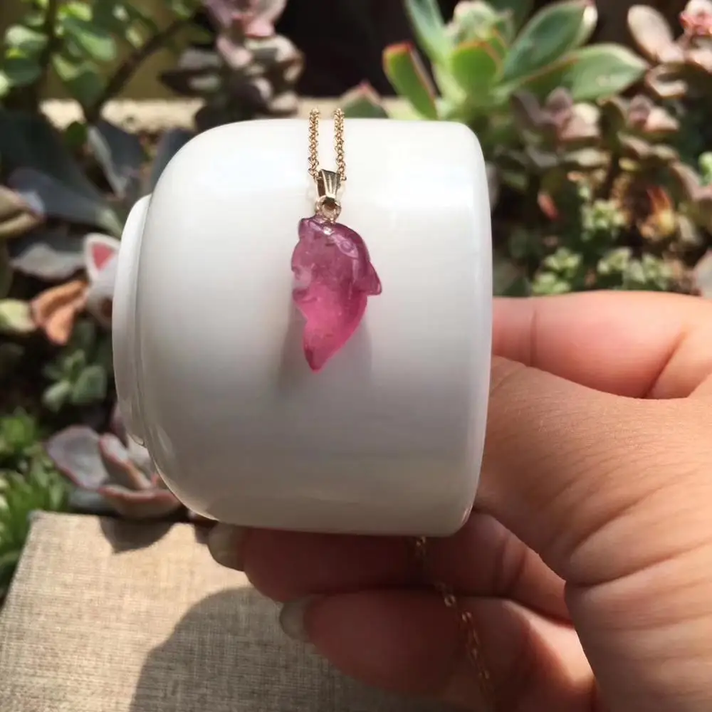 

14K Gold Chain Pendant Necklace Genuine Natural Red Tourmaline Rubellite Quartz Dolphin Shape Gemstone Beads Necklace AAAAA