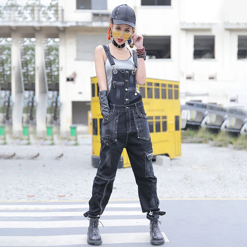 3086 Spring Autumn Black Denim Playsuit Women Plus Size Streetwear Letter Pockets With Zipper Loose Jean Jumpsuit Girls Korean - Цвет: black