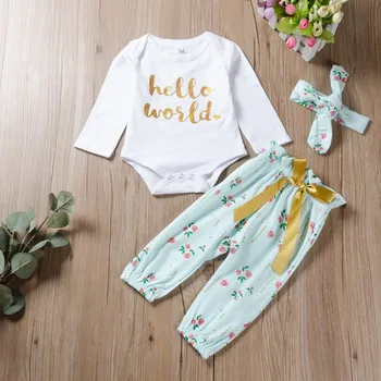 

Baby's Girls Set Three Piece Girls Long Sleeved Letter Print Romper Small Floral Trousers Hair Band