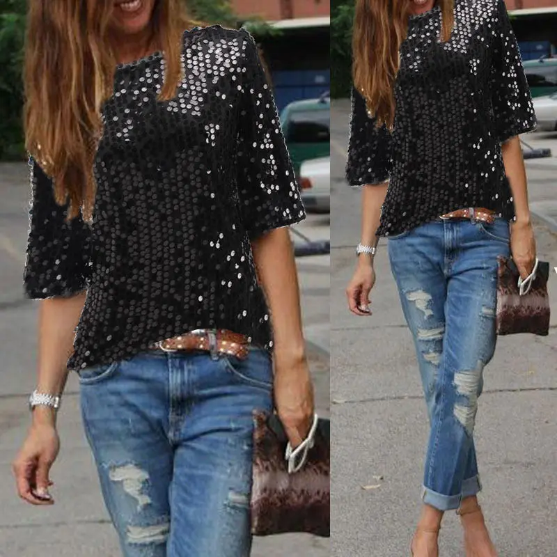 

Newest Style Women Ladies Spring Summer Autumn Off-shoulder Sexy Casual Slim Loose Shirt Top Glistening Sequin T-shirt