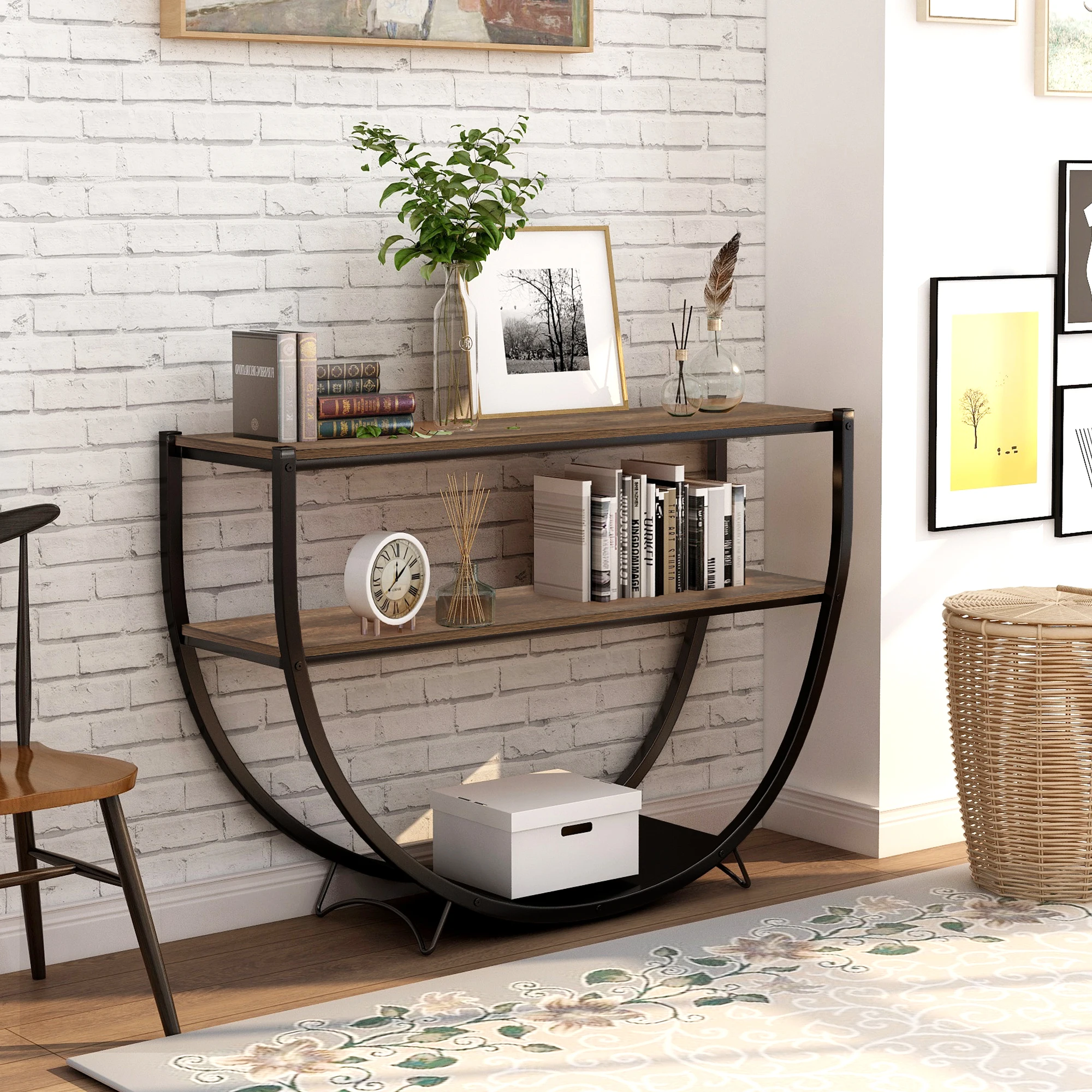 

Rustic Industrial Design Living Room Table Demilune Shape Textured Metal Distressed Wood Console Table Three Layer