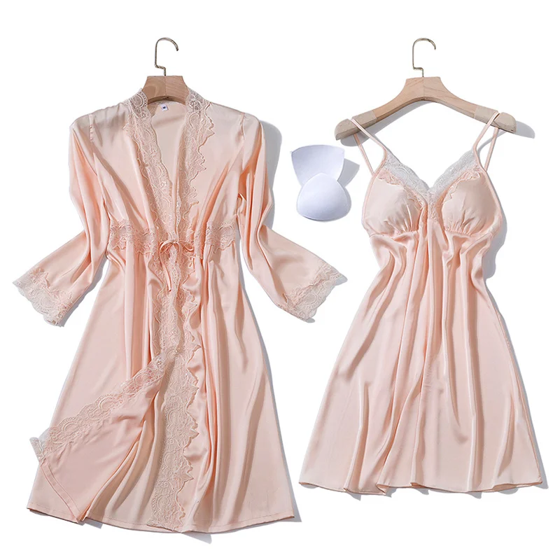 Perfering Мода 2/шт женский халат из искусственного шелка, набор платьев, Горячие Зимние сексуальные ночные рубашки, женское платье для сна, женские пижамы, Халат - Цвет: BEIGE