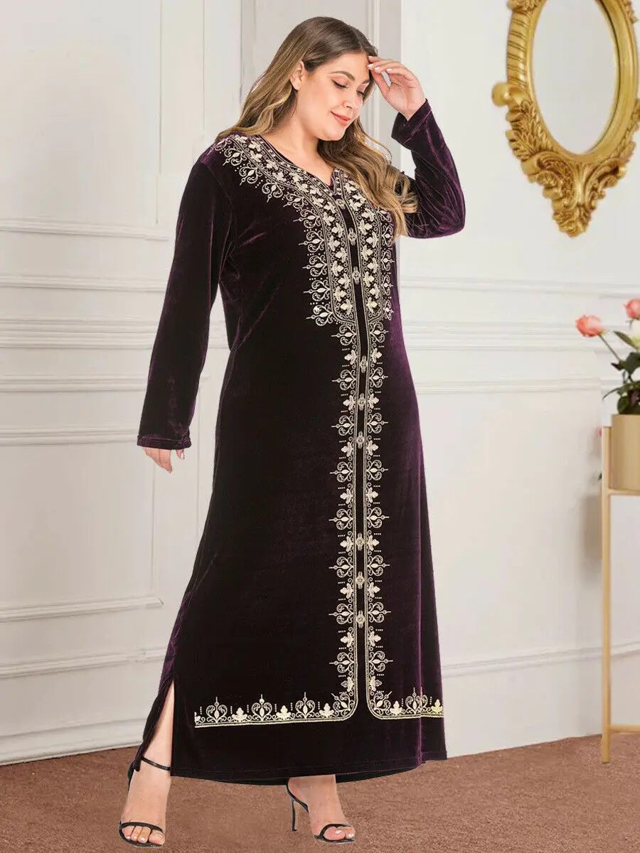 Abaya Women Kaftan Women Muslim Velvet V-neck Maxi Dress Plus Size Cocktail Robe Autumn Long Sleeve Gown Middle East Dress New