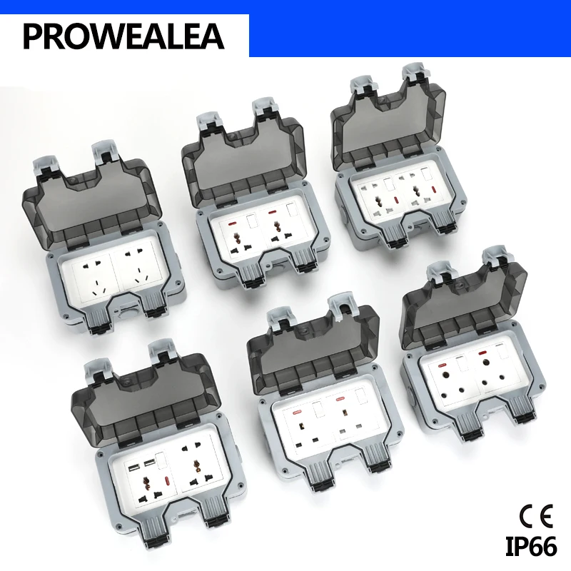 Weatherproof Socket IP66 Waterproof Socket Outdoor Wall Power Socket Double 3 Hole Switch Standard Electrical Outlet Grounded