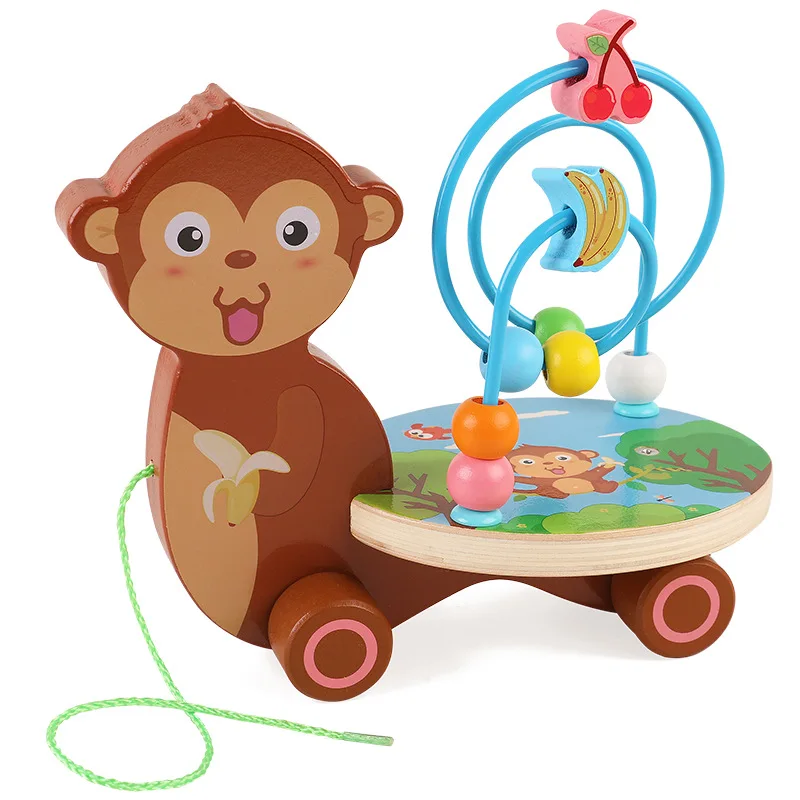 Мультфильм животное прицеп круглый шарик игрушечная деревянная головоломка ребенок круглый шарик 0-2-3-4 лет игрушка для детей Образование - Цвет: monkey