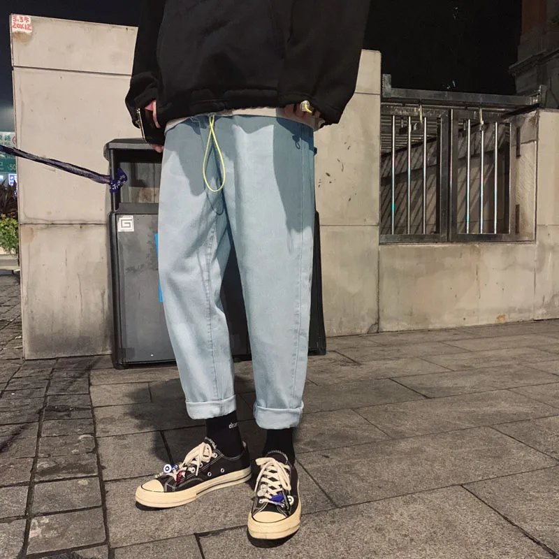 Light blue RLJT. JIN Молодежные японские стильные модные повседневные мужские джинсы простые однотонные брюки с маленькими ножками брюки девятые брюки - Цвет: Light blue