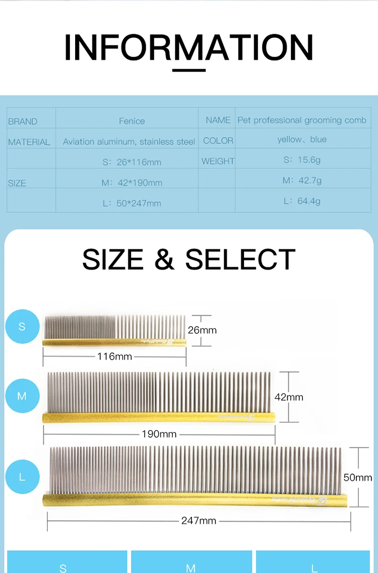 Fenice aço inoxidável grooming comb alumínio lidar