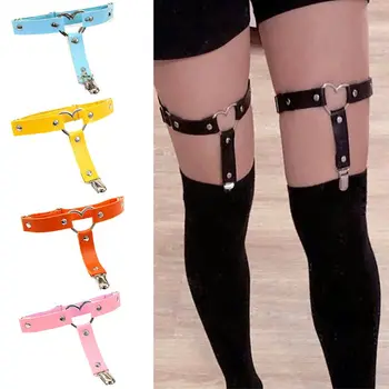 

Women Gothic Punk Heart Ring Leg Garter Belt with Anti-Slip Metal Clip Elastic Adjsutable Harness Harajuku Thigh Ring