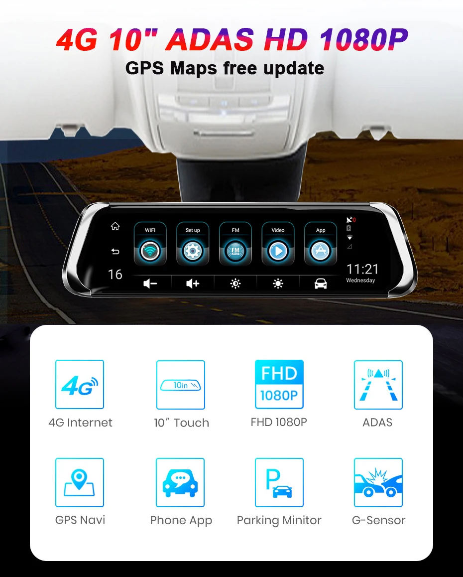WHEXUNE 10 дюймов Автомобильное зеркало заднего вида DVR 4G ADAS Android gps навигация видеорегистратор Двойной объектив FHD 1080P автомобильная видеокамера рекордер
