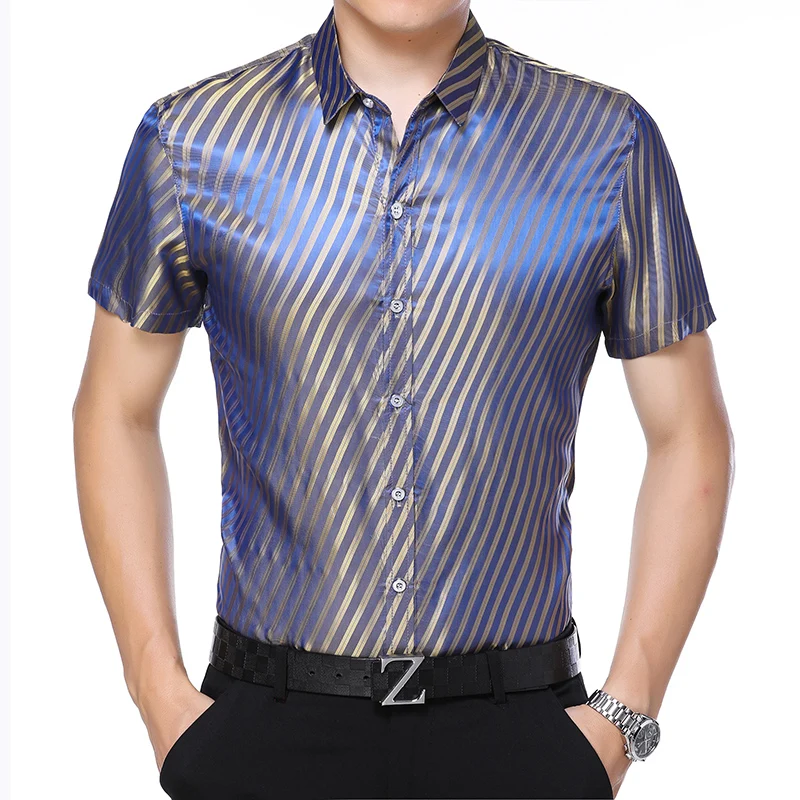 White Large Dresses Summer 2020 Plus Sizes Silk Shirts Mens Blue and Yellow Stripe Satin Elegant Clothing Social New | Мужская одежда