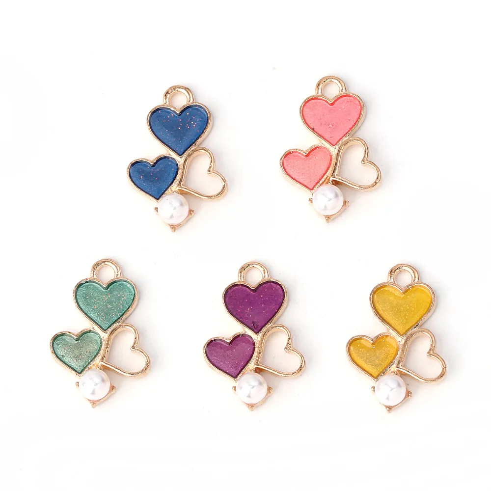 

Doreen Box 20 PCs Cute Zinc Based Alloy Sweet Women Pendants Heart Golden Pink Imitation Pearl Enamel 19mm( 6/8") x 13mm( 4/8")