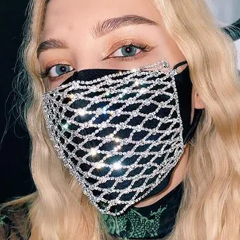 

Women Fashion Rhinestone Mouth Masks Crystal Gold Silver face Jewelry Bling Mask chain summer Performance Costume Party