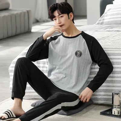 New spring and autumn men's pajamas two-piece pajamas knitted cotton casual loose boys home clothes fashion men's clothing best mens pajamas Men's Sleep & Lounge
