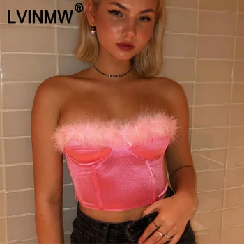 

LVINMW Sexy Pink Slash Neck Fur Patchwork Back Zipper Crop Top Sleeveless Backless Skinny Tube Tops Female Streetwear Tops