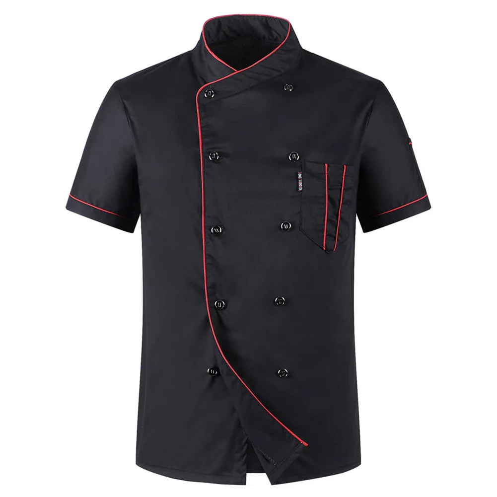 Рубашка мужская с коротким рукавом сплошной цвет Стенд воротник двубортная шеф-повара официанта униформа свободный карман рубашка