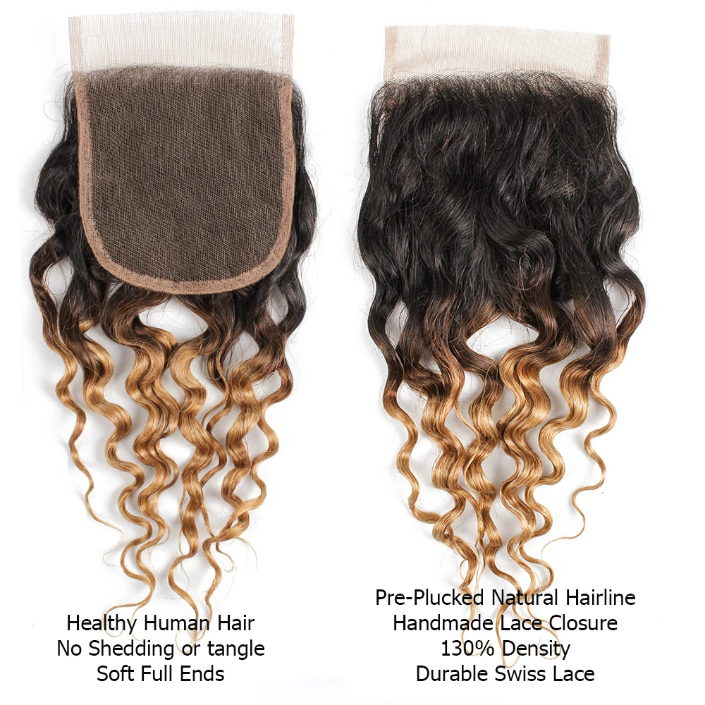 Коллекция Bobbi 50 г/шт. 4 пряди с закрытием T 1B 27 Ombre медовый блонд темно коричневый