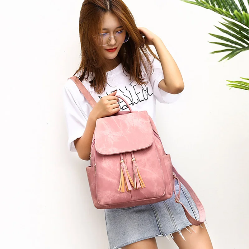 Pu Leather New Women'S Backpack Candy Color College Wind Popular Backpack