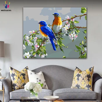 

DIY colorings pictures by numbers with colors Blue bird on apricot tree drawing painting by numbers framed Home