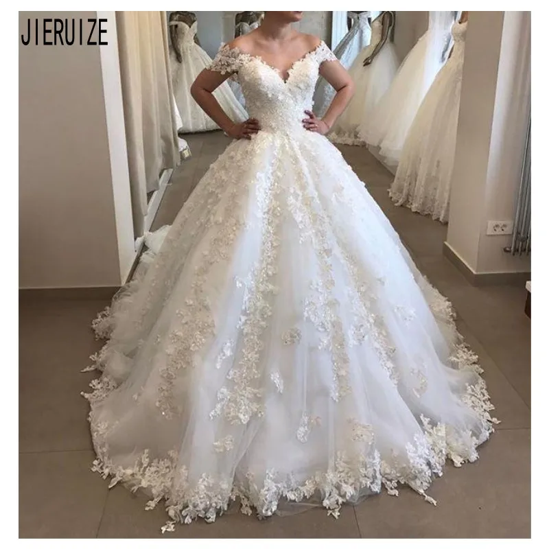 JIERUIZE Vestido De Noiva кружевное бальное платье с аппликацией, свадебные платья с открытыми плечами и открытой спиной, свадебные платья с бисером