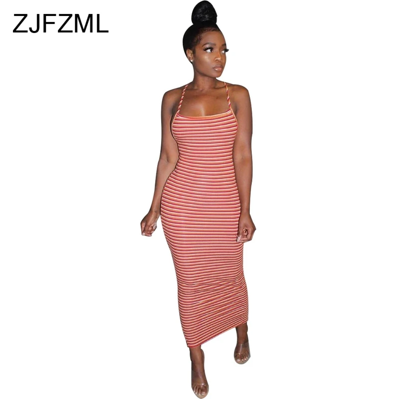 

Halter Backless Striped Dresses Fashion Sleeveless Spaghetti Strap Maxi Dresses Split Sexy Party Dress for Women Clubwear Red