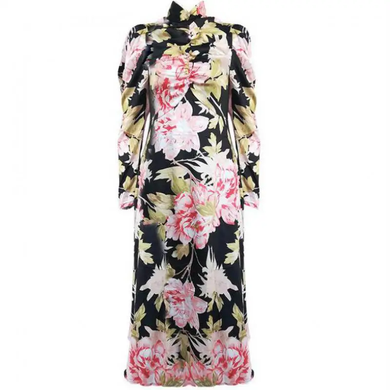 

Red RoosaRosee Designer Autumn Gorgeous Flower Print Vintage Party Dress Women Stand Collar Puff Sleeve Midi Dresses Female New