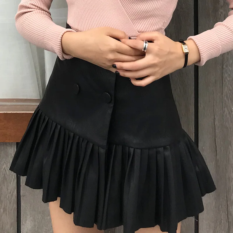 Высокая талия двубортные юбки женские модные маленькие плиссированные юбки из искусственной кожи женские элегантные мини юбки женские 0925-79