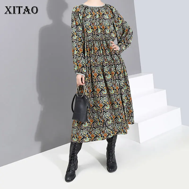 

XITAO Pleated Print Dress Women Fashion New Pullover Vintage Bandage 2019 Winter Elegant Small Fresh Loose Dress DMY1806