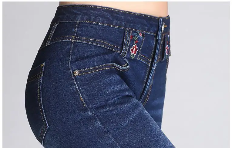 6789 узкие стрейч джинсы для женщин для синий вышитые расклешенные джинсы Высокая талия Flare джинсы с поясом элегантные модные узкие