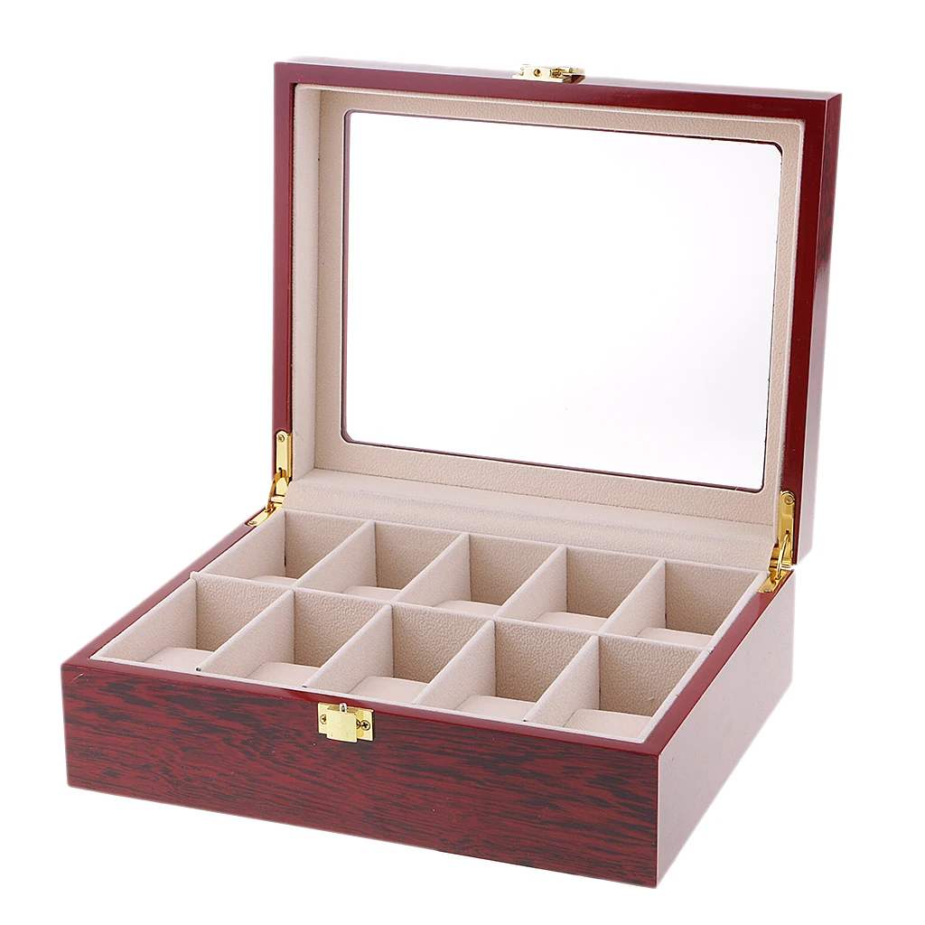 

10 Slots Watch Display Box Organizer, Solid Wood with Glass Top, Large, Red