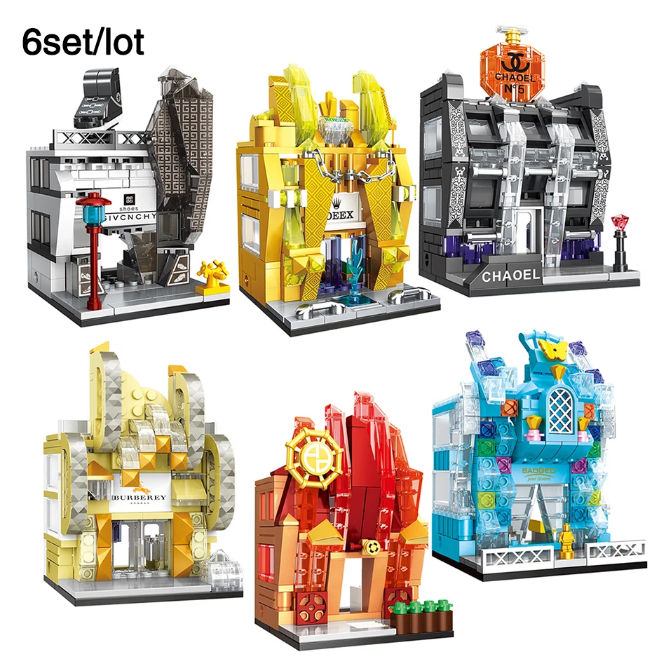 

6Set/Lot City Mini Street View Famous Watch Shop,Perfume Store,Cosmetic Shop Street Building Blocks For Kids Toys Gift