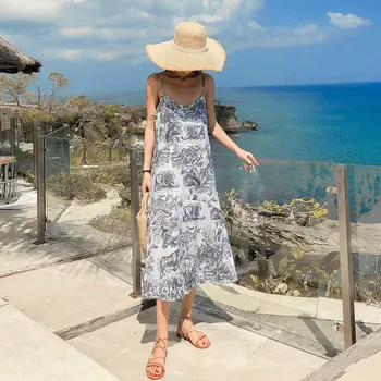 

Women's summer print strap women's Korean fashion dress