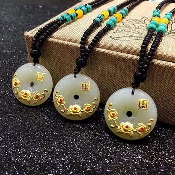 

Gold inlaid jade pendant necklace