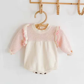 

Baby Knit Rompers Autumn Korean Newborn Girls pink Jumpsuits Clothes Knitted Flare Sleeve Long Sleeve Toddler Children Rompers