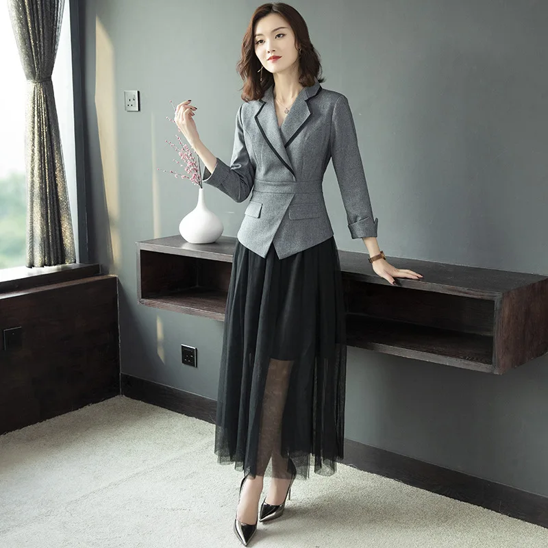

Dress 2019 Autumn And Winter New Style Korean-style Ol by Age Suit Collar Joint Gauze Mock Two-Piece Skirt